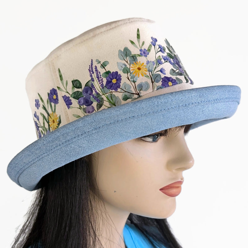 The Perfect Sun Hat Fun Hat, denim with purple wildflowers, with flattering brim mid size brim