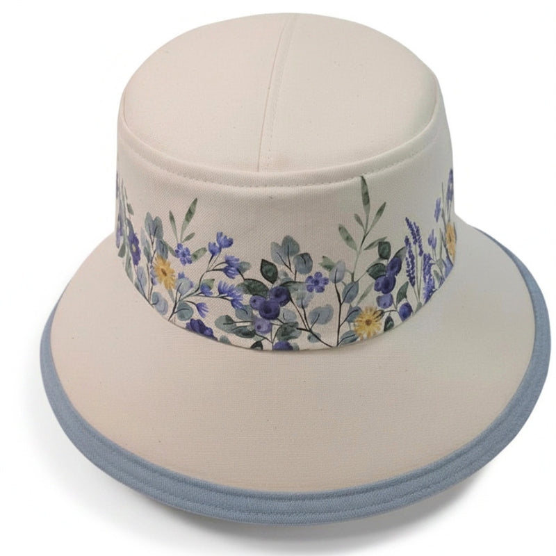 The Perfect Sun Hat Fun Hat, denim with purple wildflowers, with flattering brim mid size brim