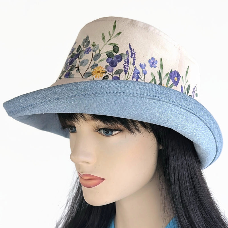 The Perfect Sun Hat Fun Hat, denim with purple wildflowers, with flattering brim mid size brim