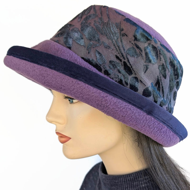 Premium Winter Fashion Hat in purple with burnout velvet band, velvet edge and wide brim