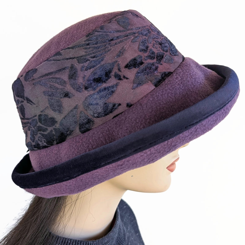 Premium Winter Fashion Hat in purple with burnout velvet band, velvet edge and wide brim
