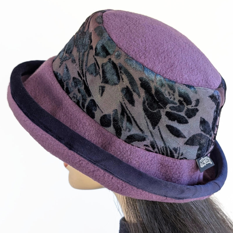 Premium Winter Fashion Hat in purple with burnout velvet band, velvet edge and wide brim