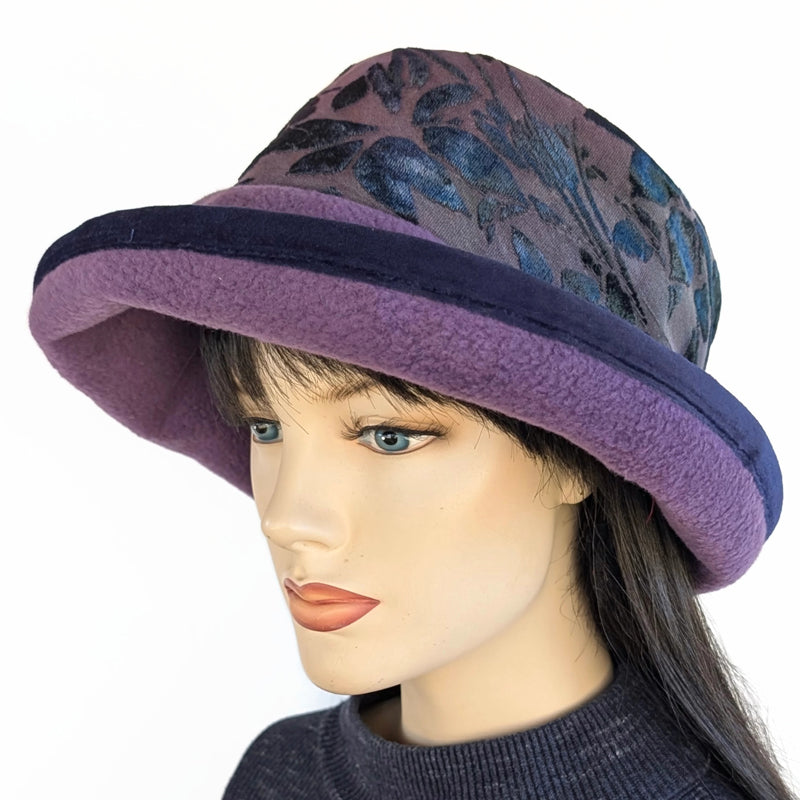 Premium Winter Fashion Hat in purple with burnout velvet band, velvet edge and wide brim