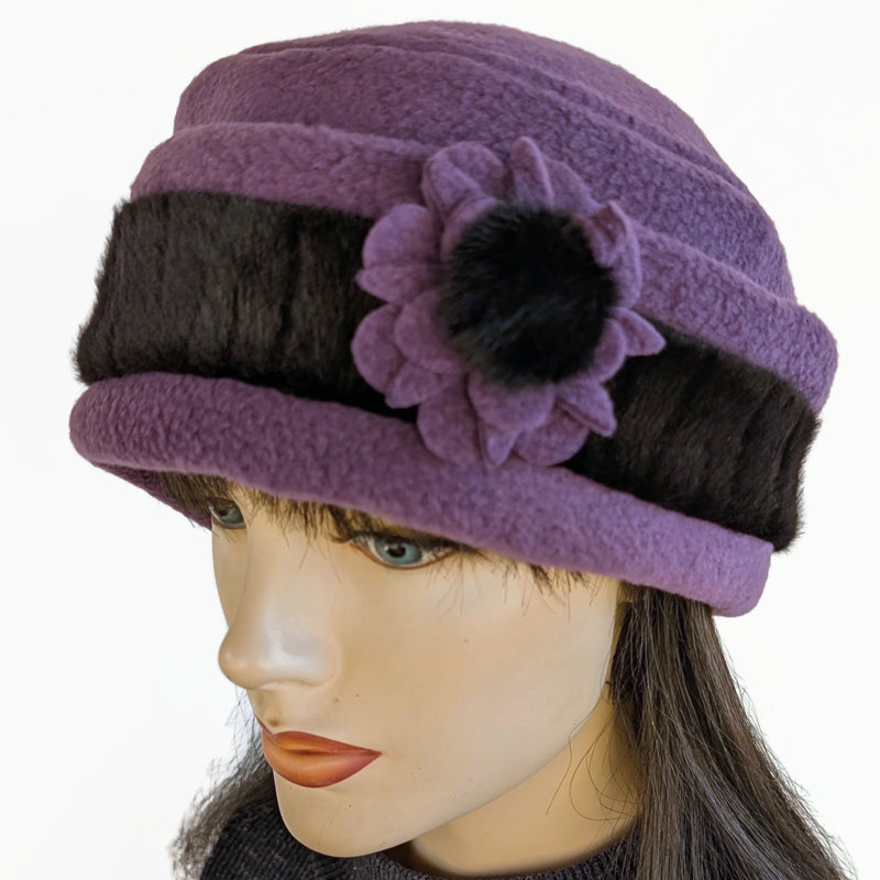 Fleece Fashion Toque with adjustable cuff and faux fur trim, with floral pin trim, asst'd colors