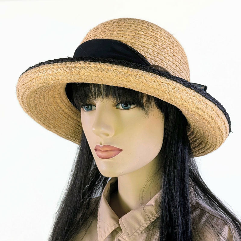 Braided Raffia Sun Hat with black raffie edge, black scarf and coconut buckle, adjustable fit