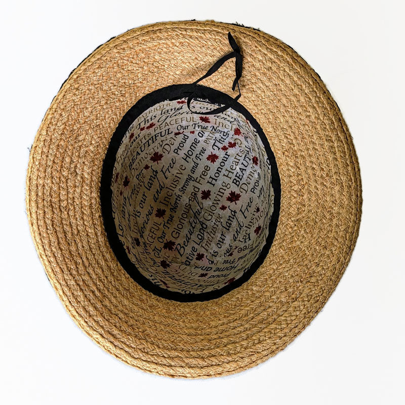 Braided Raffia Sun Hat with black raffie edge, black scarf and coconut buckle, adjustable fit