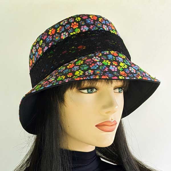 Summer Bucket Hat with lace trim, rainbow paws on black, fully lined