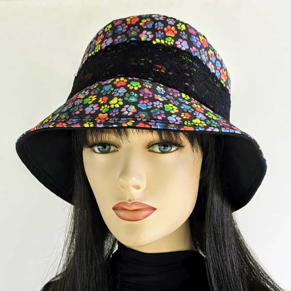 Summer Bucket Hat with lace trim, rainbow paws on black, fully lined