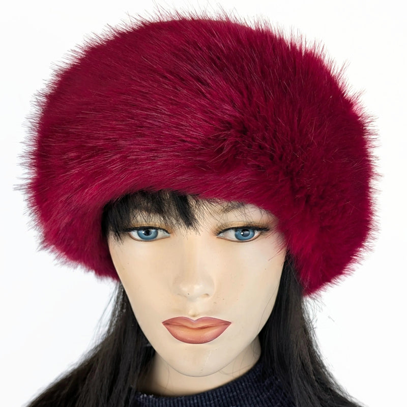 Faux Fur Fashion Pillbox Beanie Toque Hat, raspberry with floral cord, tuck up earflaps