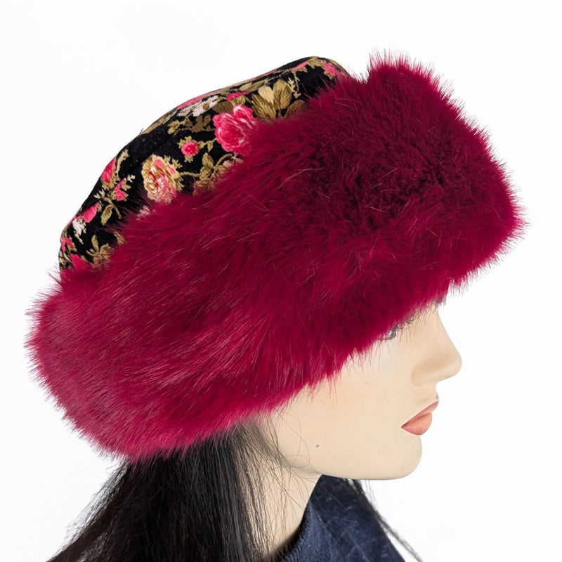 Faux Fur Fashion Pillbox Beanie Toque Hat, raspberry with floral cord, tuck up earflaps