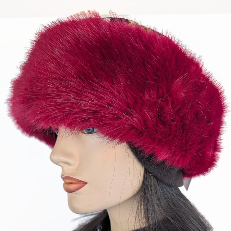 Faux Fur Fashion Pillbox Beanie Toque Hat, raspberry with floral cord, tuck up earflaps