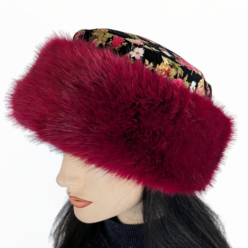 Faux Fur Fashion Pillbox Beanie Toque Hat, raspberry with floral cord, tuck up earflaps