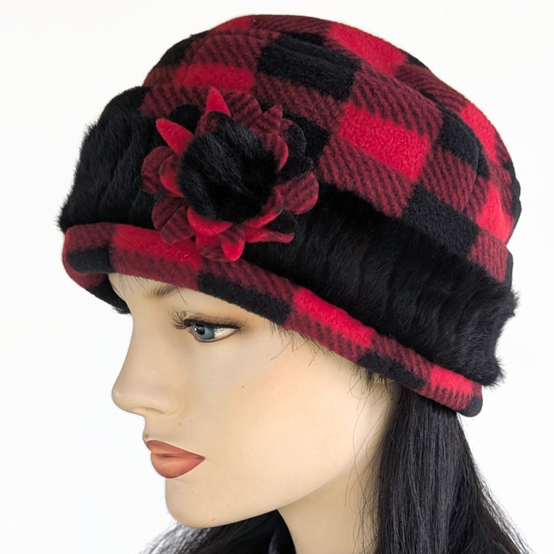 Fleece Fashion Toque with adjustable cuff and faux fur trim, with floral pin trim, asst'd colors