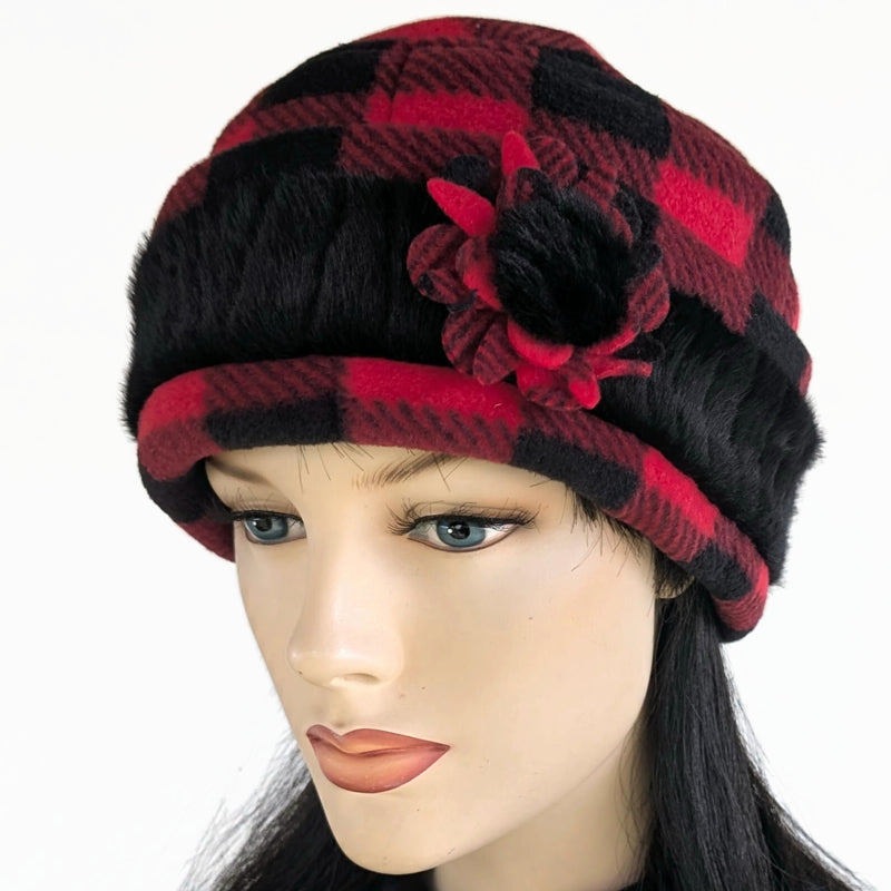 Fleece Fashion Toque with adjustable cuff and faux fur trim, with floral pin trim, asst'd colors