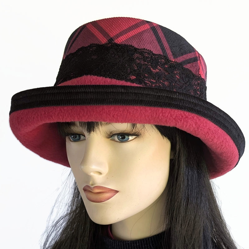 Winter Fashion hat with large bucket brim, red and black plaid with lace trim