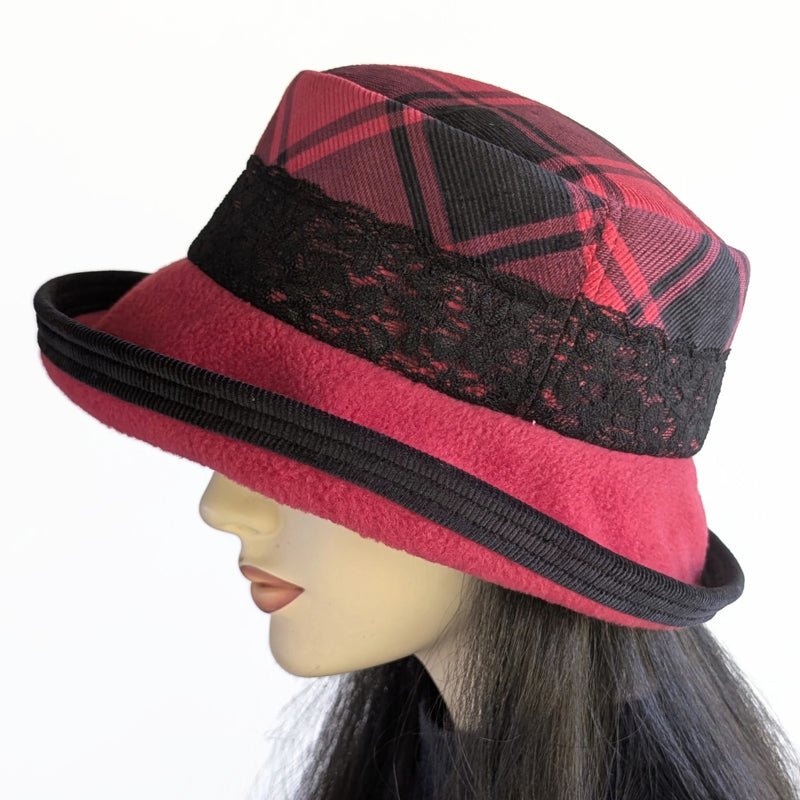 Winter Fashion hat with large bucket brim, red and black plaid with lace trim