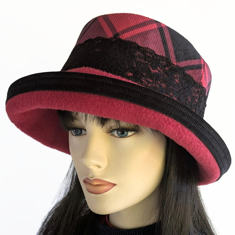 Winter Fashion hat with large bucket brim, red and black plaid with lace trim