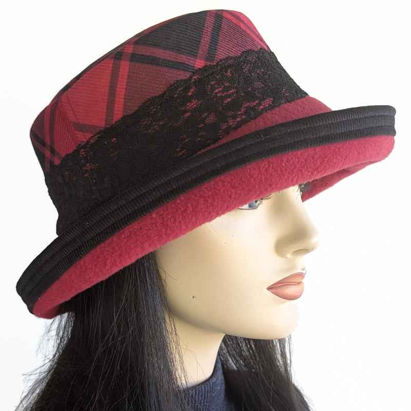 Winter Fashion hat with large bucket brim, red and black plaid with lace trim