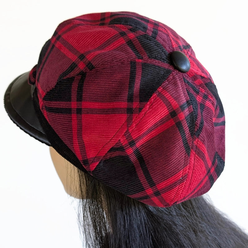 Poorboy Fashion Cap with black vegan leather trim, red and black plaid cord, relaxed fit