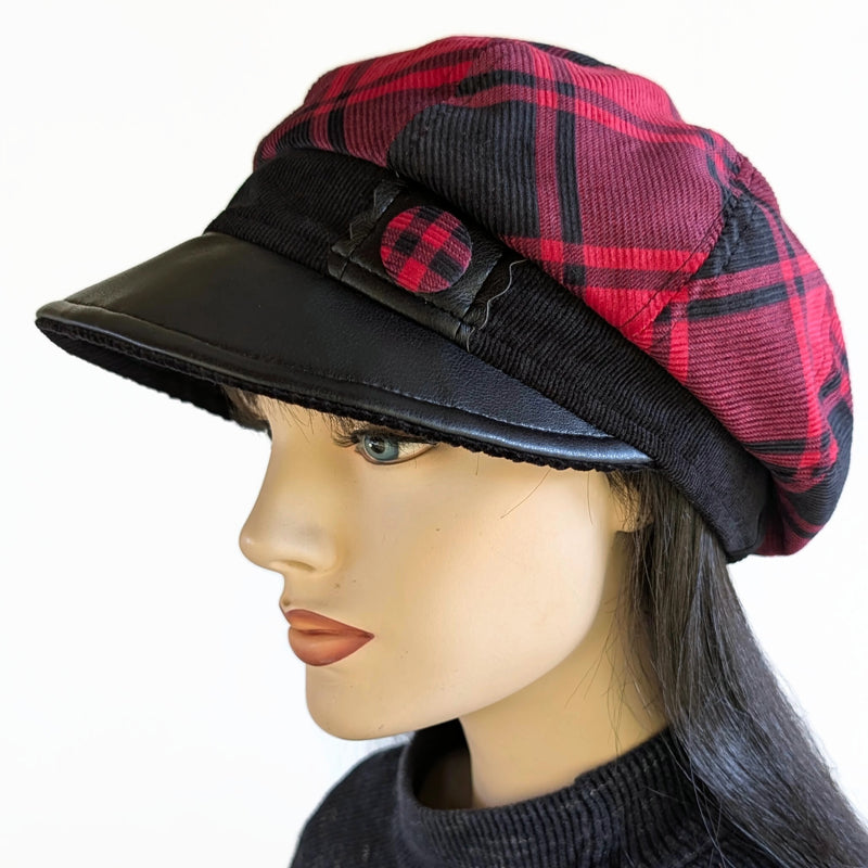Poorboy Fashion Cap with black vegan leather trim, red and black plaid cord, relaxed fit