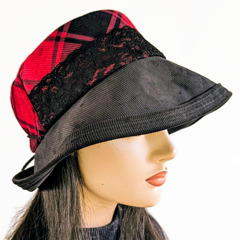 Cord Fashion hat with in red and black corduroy with large bucket brim and adjustable fit