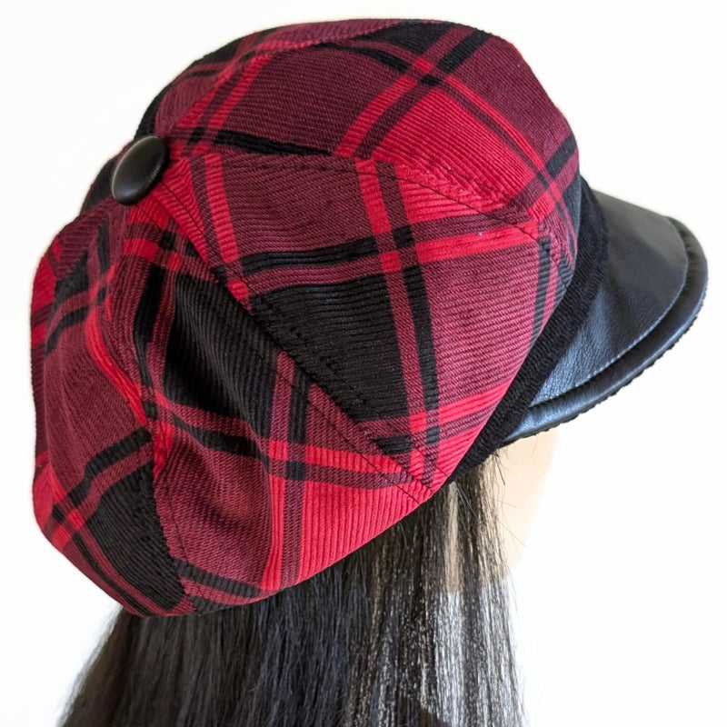 Poorboy Fashion Cap with black vegan leather trim, red and black plaid cord, relaxed fit