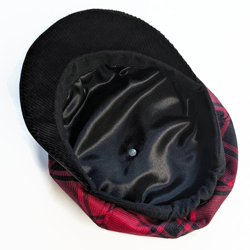 Poorboy Fashion Cap with black vegan leather trim, red and black plaid cord, relaxed fit
