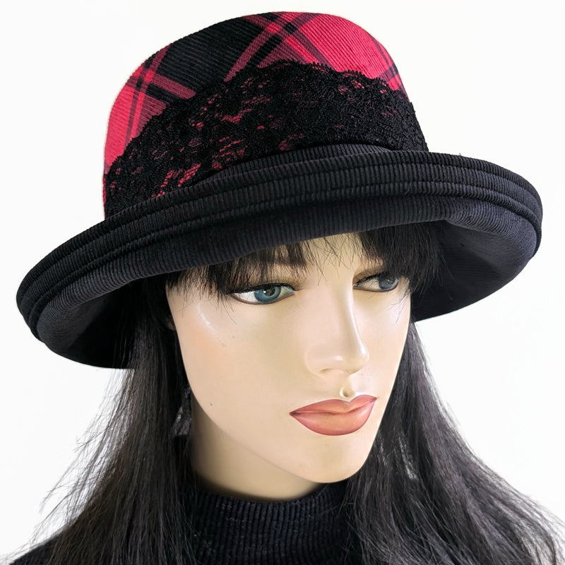 Cord Fashion hat with in red and black corduroy with large bucket brim and adjustable fit