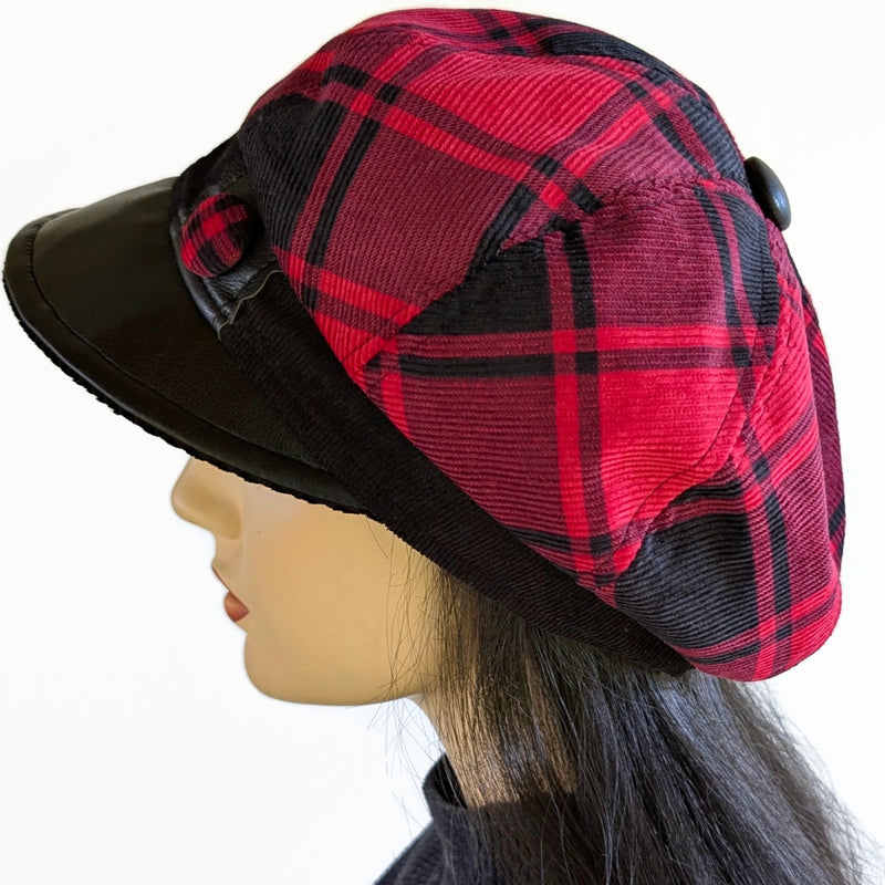 Poorboy Fashion Cap with black vegan leather trim, red and black plaid cord, relaxed fit