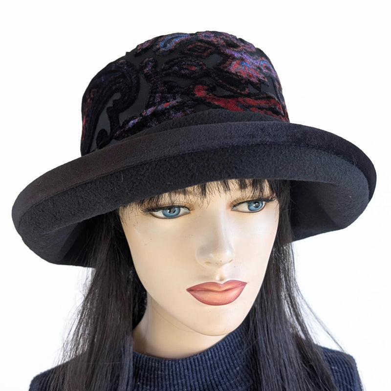 Premium Winter Fashion Hat in black with black, purple and red velvet band, velvet edge trim and wide brim