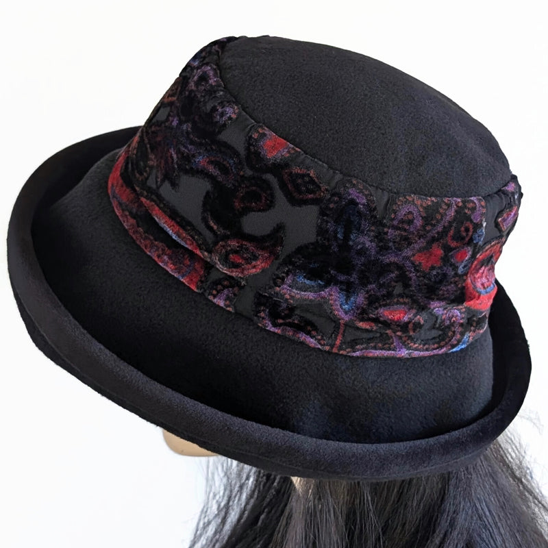 Premium Winter Fashion Hat in black with black, purple and red velvet band, velvet edge trim and wide brim