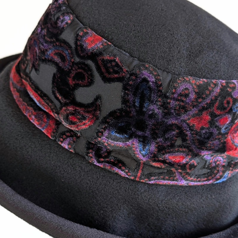 Premium Winter Fashion Hat in black with black, purple and red velvet band, velvet edge trim and wide brim