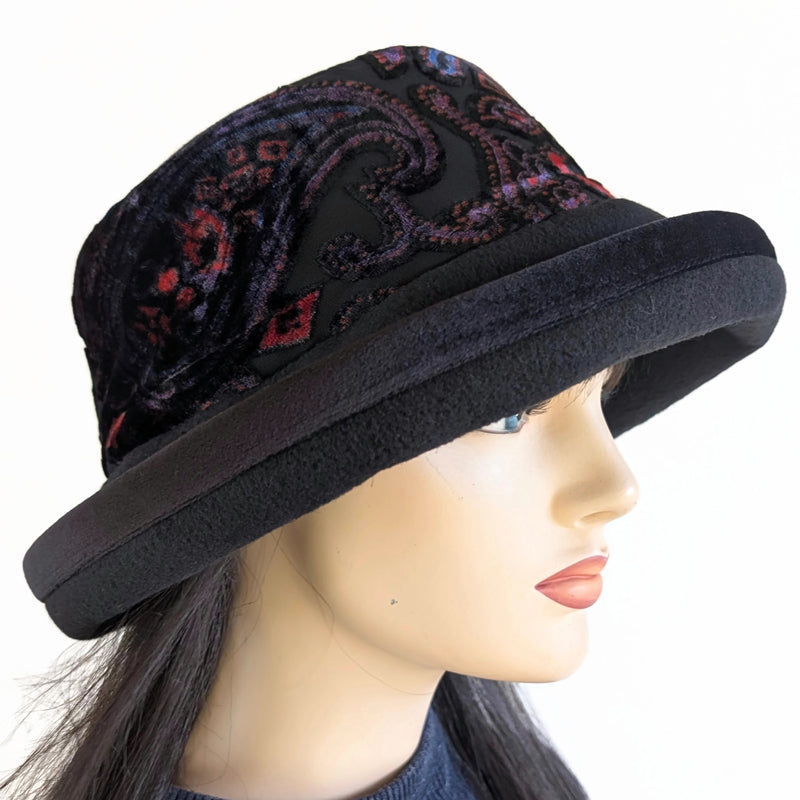 Premium Winter Fashion Hat in black with black, purple and red velvet band, velvet edge trim and wide brim