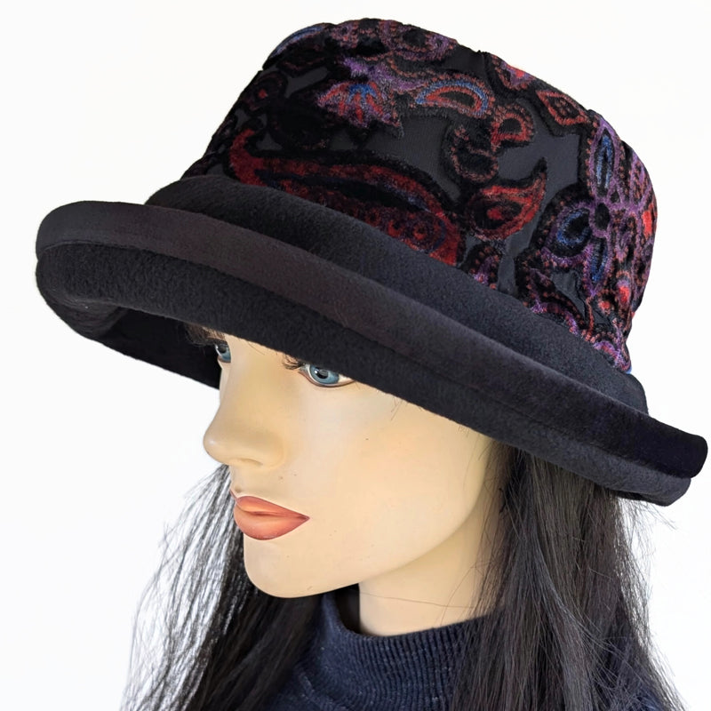 Premium Winter Fashion Hat in black with black, purple and red velvet band, velvet edge trim and wide brim
