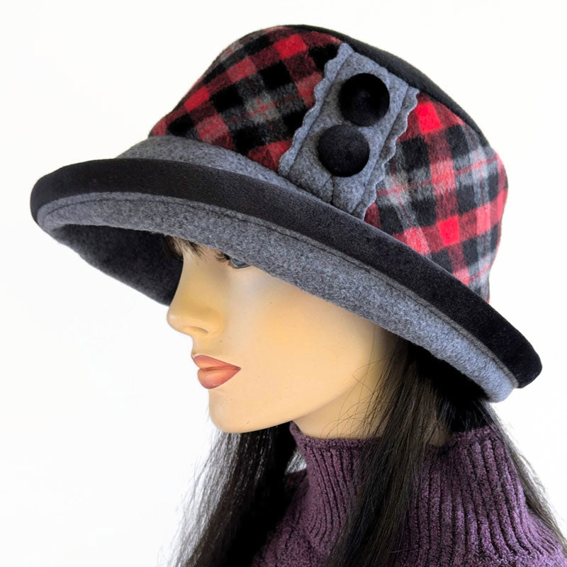 Premium Winter Fashion Hat with velvet trim, button trim,  red black grey plaid