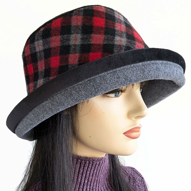 Premium Winter Fashion Hat with velvet trim, button trim,  red black grey plaid