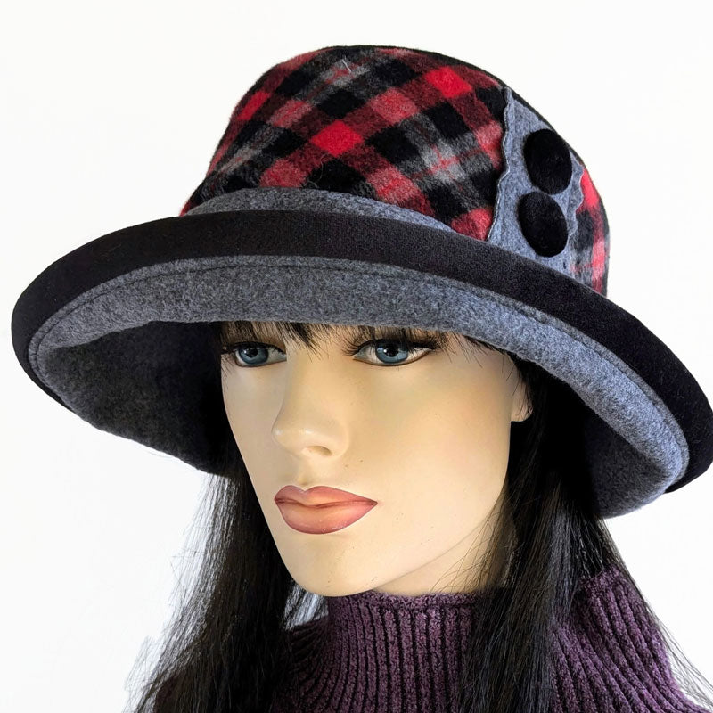 Premium Winter Fashion Hat with velvet trim, button trim,  red black grey plaid