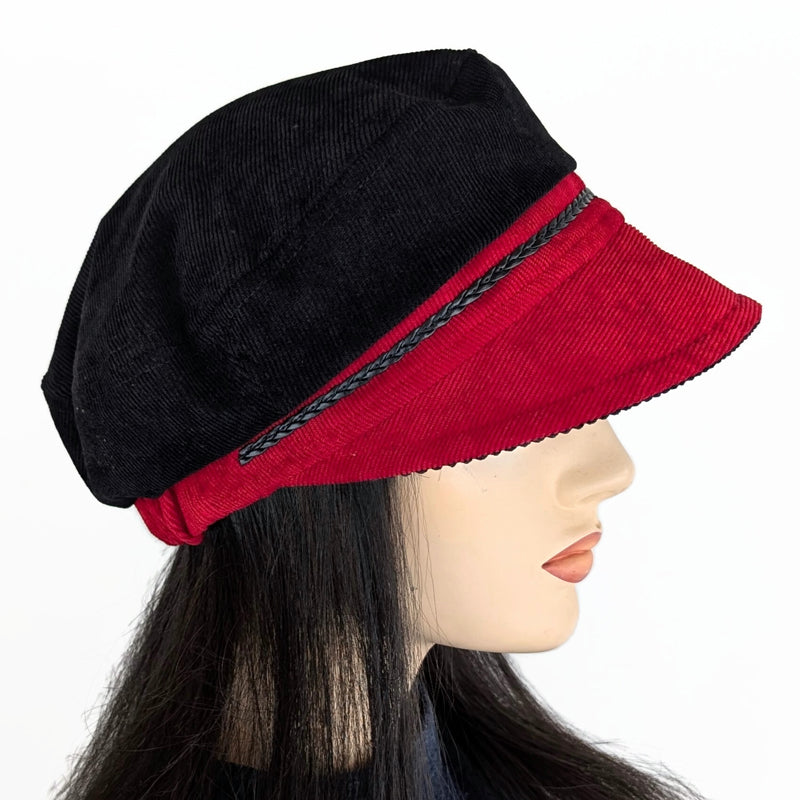 Fisher Fashion Cap in narrow cord, red and black with turtle pin, wide visor, relaxed fit