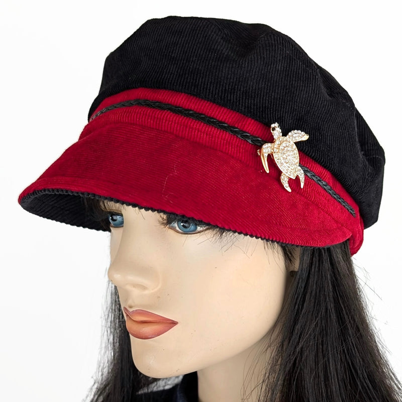 Fisher Fashion Cap in narrow cord, red and black with turtle pin, wide visor, relaxed fit
