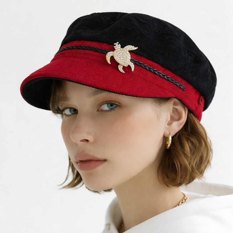 Fisher Fashion Cap in narrow cord, red and black with turtle pin, wide visor, relaxed fit