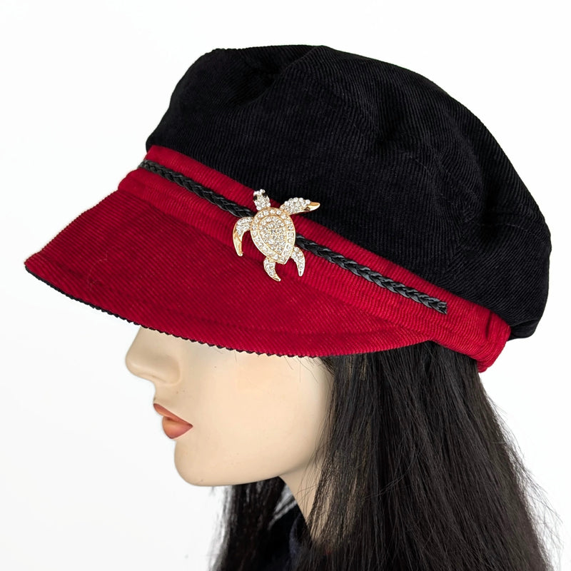 Fisher Fashion Cap in narrow cord, red and black with turtle pin, wide visor, relaxed fit