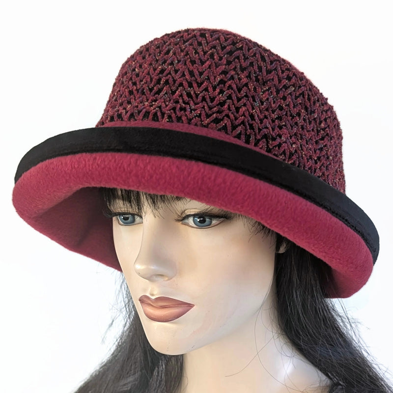 Premium Winter Fashion Hat with Earflaps, deep red with chenille  band, black velvet edge trim and wide brim