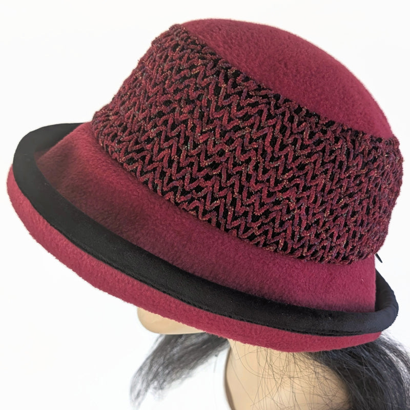 Premium Winter Fashion Hat with Earflaps, deep red with chenille  band, black velvet edge trim and wide brim