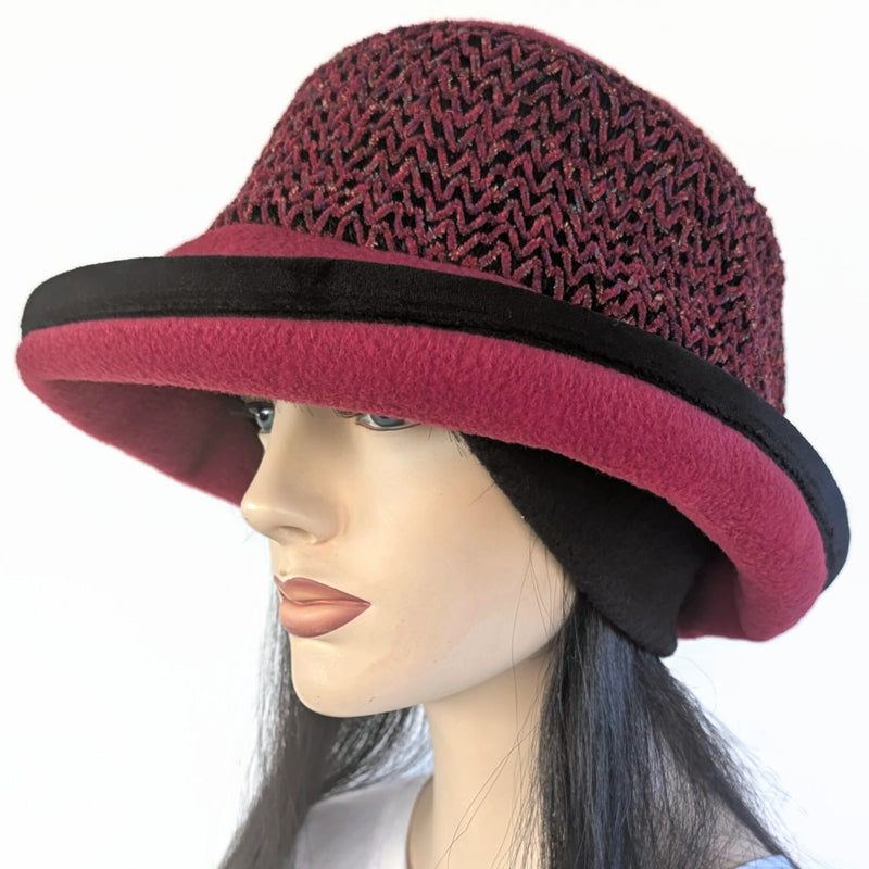 Premium Winter Fashion Hat with Earflaps, deep red with chenille  band, black velvet edge trim and wide brim