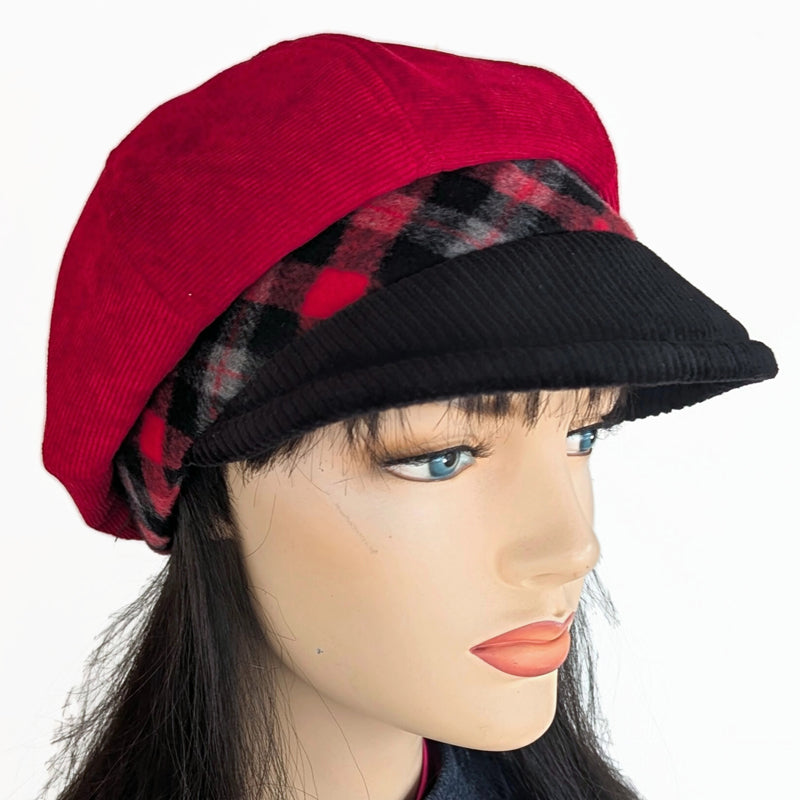 Poorboy Fashion Cap, relaxed fit,  red corduroy with black cord visor and plush plaid woollen band