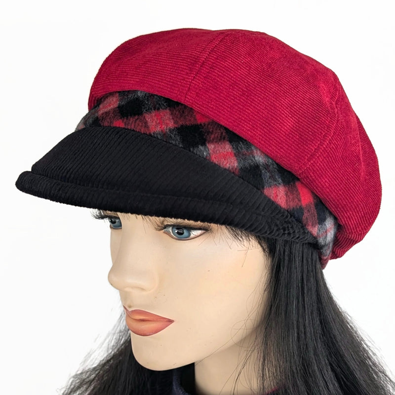 Poorboy Fashion Cap, relaxed fit,  red corduroy with black cord visor and plush plaid woollen band