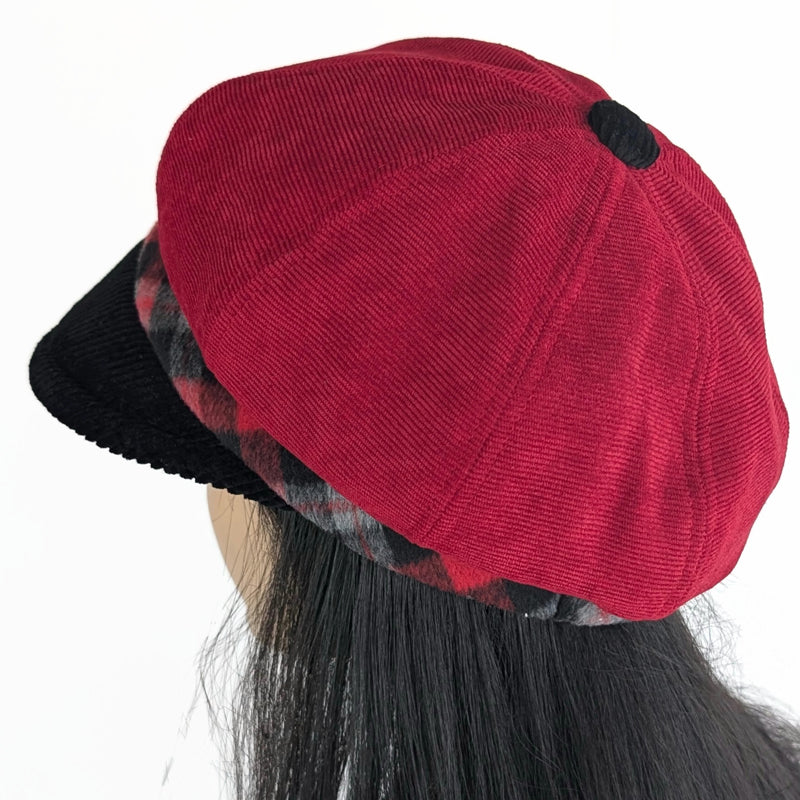 Poorboy Fashion Cap, relaxed fit,  red corduroy with black cord visor and plush plaid woollen band