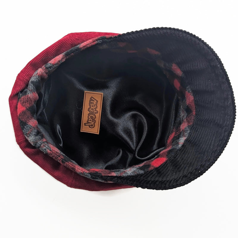 Poorboy Fashion Cap, relaxed fit,  red corduroy with black cord visor and plush plaid woollen band
