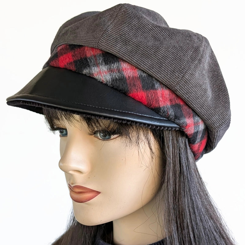 Poorboy Fashion Cap in charcoal corduroy with black faux leather visor and plaid band