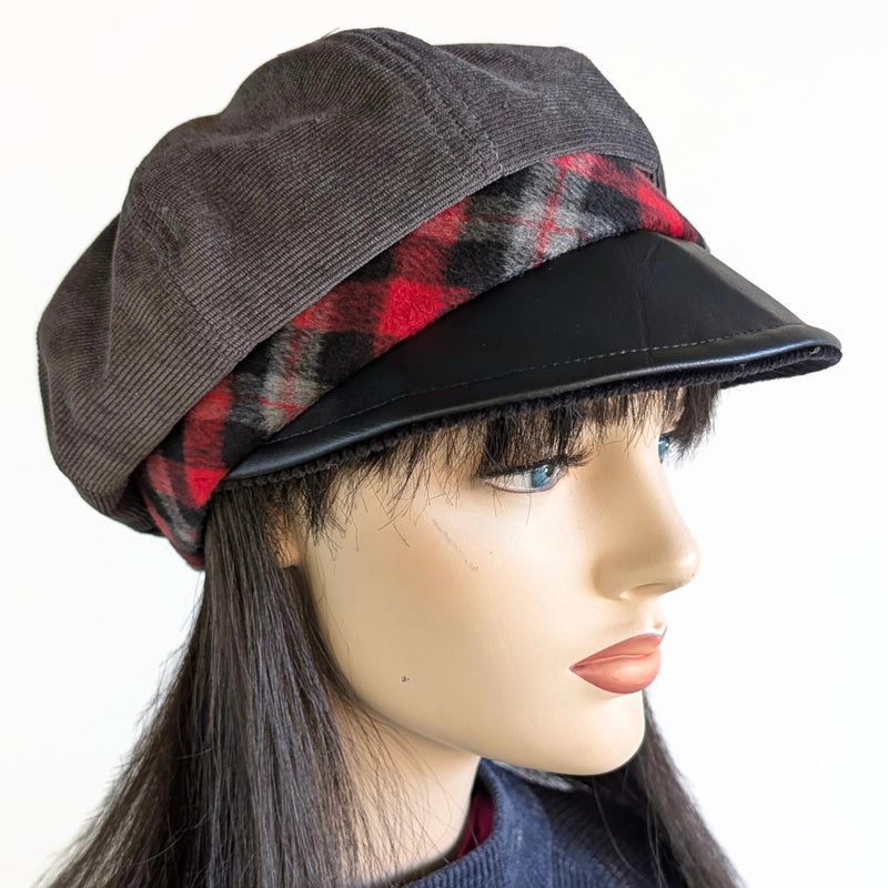 Poorboy Fashion Cap in charcoal corduroy with black faux leather visor and plaid band